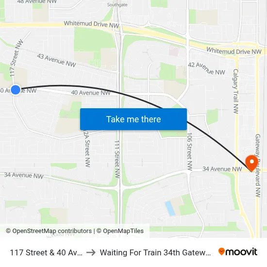 117 Street & 40 Avenue to Waiting For Train 34th Gateway Blvd. map