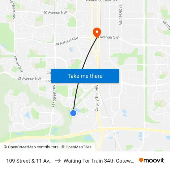 109 Street & 11 Avenue to Waiting For Train 34th Gateway Blvd. map