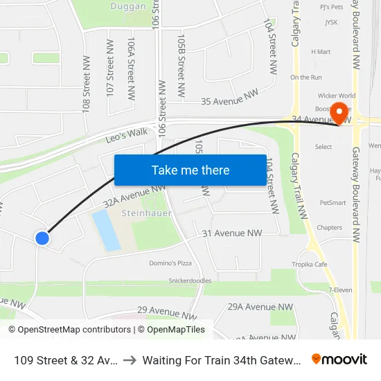 109 Street & 32 Avenue to Waiting For Train 34th Gateway Blvd. map