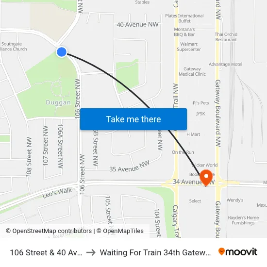 106 Street & 40 Avenue to Waiting For Train 34th Gateway Blvd. map