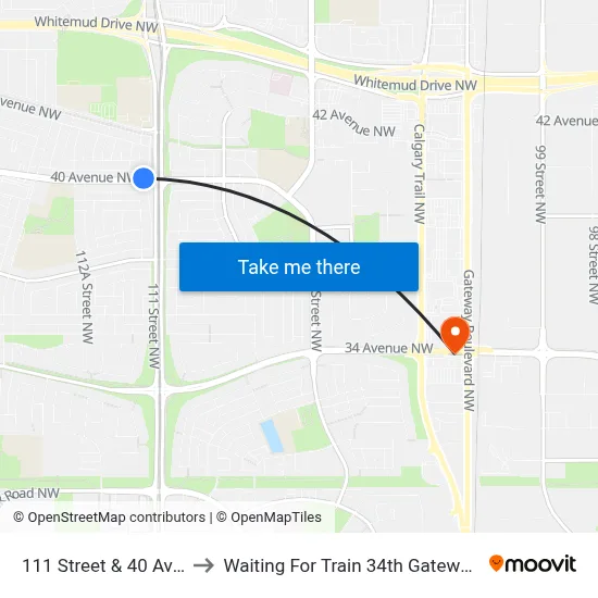 111 Street & 40 Avenue to Waiting For Train 34th Gateway Blvd. map