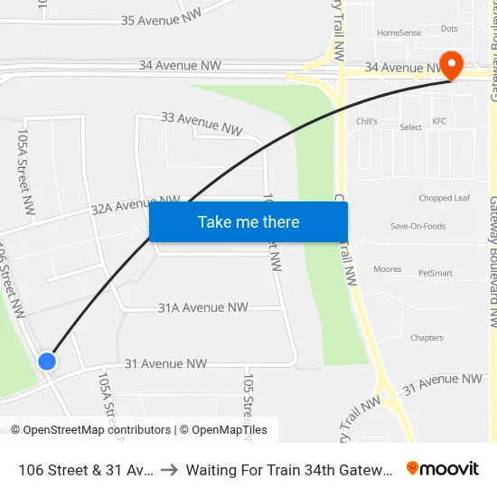106 Street & 31 Avenue to Waiting For Train 34th Gateway Blvd. map