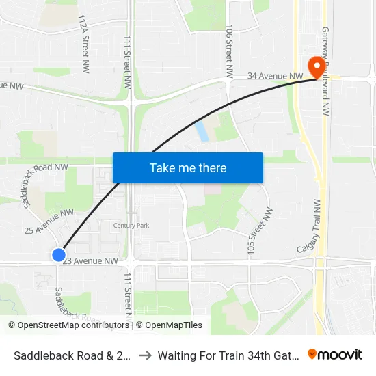 Saddleback Road & 23 Avenue to Waiting For Train 34th Gateway Blvd. map