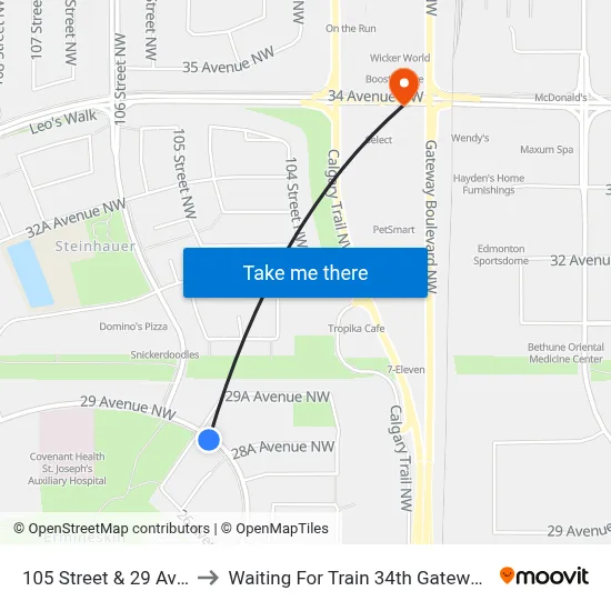 105 Street & 29 Avenue to Waiting For Train 34th Gateway Blvd. map