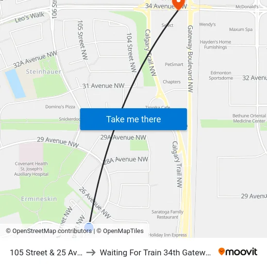 105 Street & 25 Avenue to Waiting For Train 34th Gateway Blvd. map