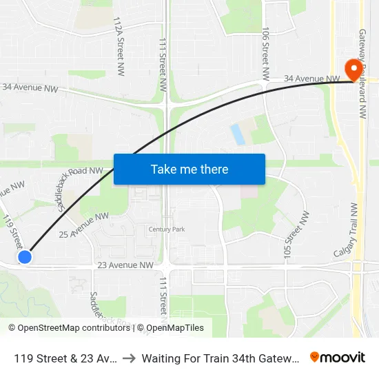 119 Street & 23 Avenue to Waiting For Train 34th Gateway Blvd. map