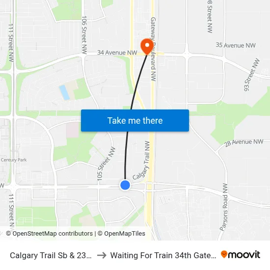 Calgary Trail Sb & 23 Avenue to Waiting For Train 34th Gateway Blvd. map