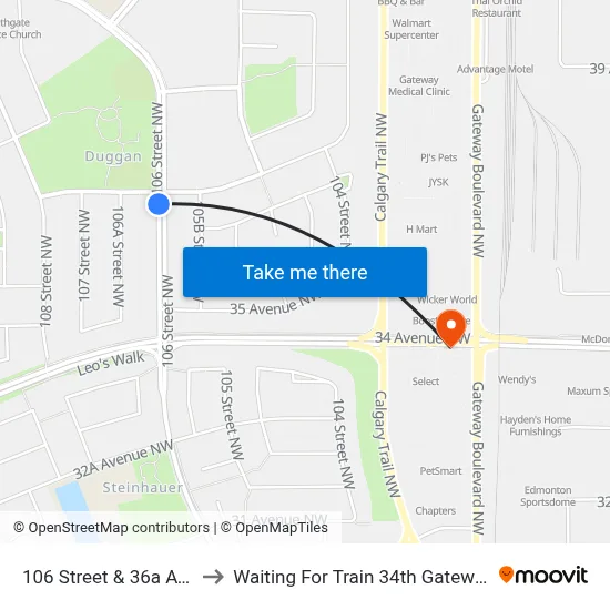 106 Street & 36a Avenue to Waiting For Train 34th Gateway Blvd. map