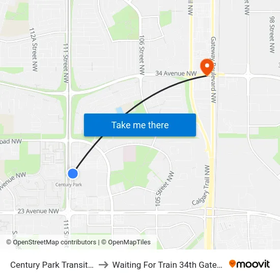 Century Park Transit Centre to Waiting For Train 34th Gateway Blvd. map