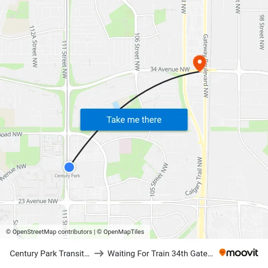 Century Park Transit Centre to Waiting For Train 34th Gateway Blvd. map