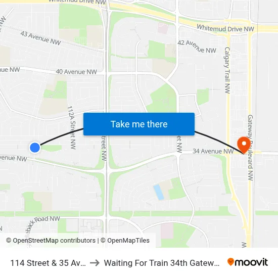 114 Street & 35 Avenue to Waiting For Train 34th Gateway Blvd. map