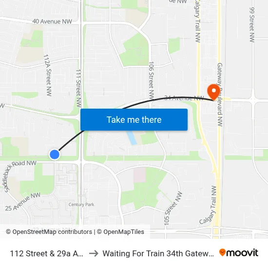 112 Street & 29a Avenue to Waiting For Train 34th Gateway Blvd. map