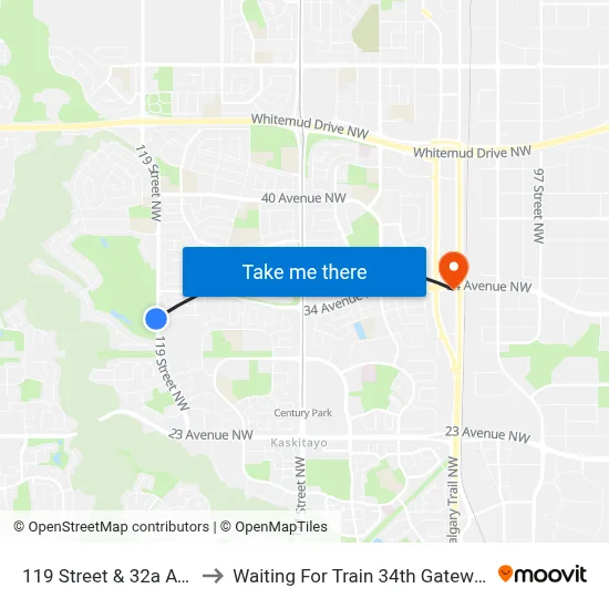 119 Street & 32a Avenue to Waiting For Train 34th Gateway Blvd. map
