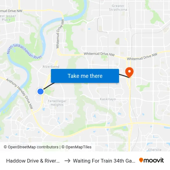 Haddow Drive & Riverbend Road to Waiting For Train 34th Gateway Blvd. map