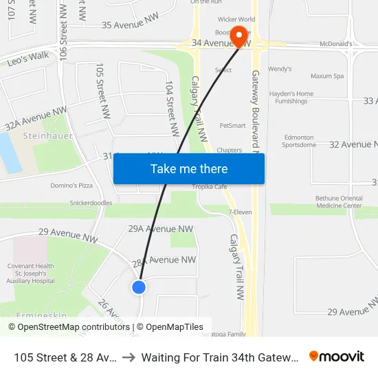 105 Street & 28 Avenue to Waiting For Train 34th Gateway Blvd. map