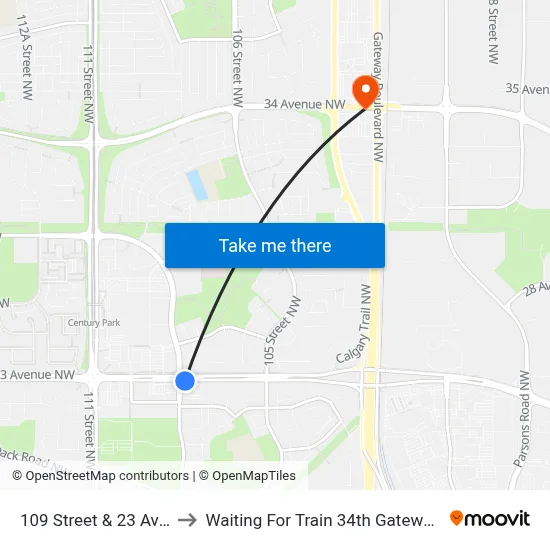 109 Street & 23 Avenue to Waiting For Train 34th Gateway Blvd. map