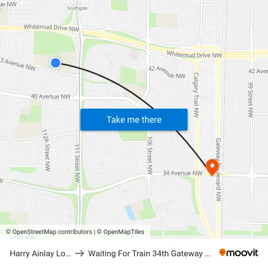 Harry Ainlay Loop to Waiting For Train 34th Gateway Blvd. map