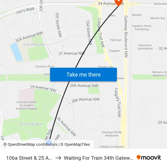 106a Street & 25 Avenue to Waiting For Train 34th Gateway Blvd. map