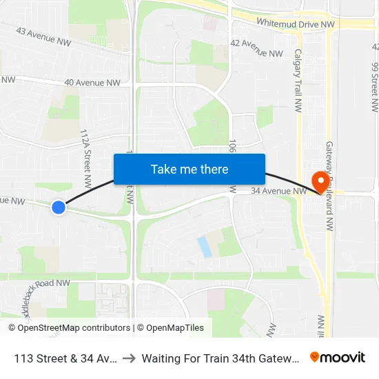 113 Street & 34 Avenue to Waiting For Train 34th Gateway Blvd. map
