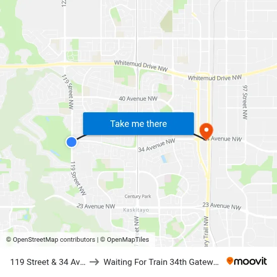 119 Street & 34 Avenue to Waiting For Train 34th Gateway Blvd. map