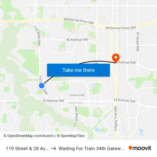119 Street & 28 Avenue to Waiting For Train 34th Gateway Blvd. map