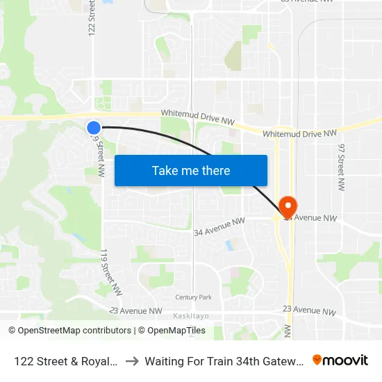 122 Street & Royal Road to Waiting For Train 34th Gateway Blvd. map