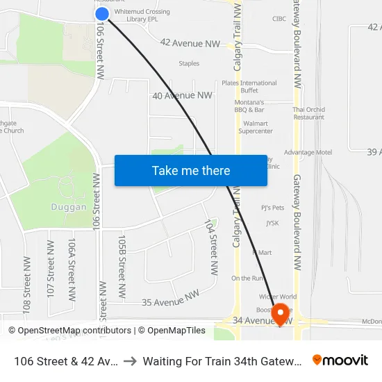106 Street & 42 Avenue to Waiting For Train 34th Gateway Blvd. map
