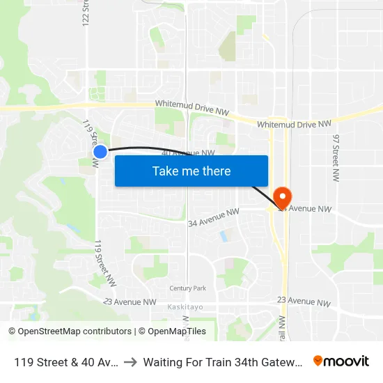 119 Street & 40 Avenue to Waiting For Train 34th Gateway Blvd. map