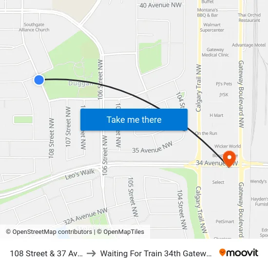 108 Street & 37 Avenue to Waiting For Train 34th Gateway Blvd. map