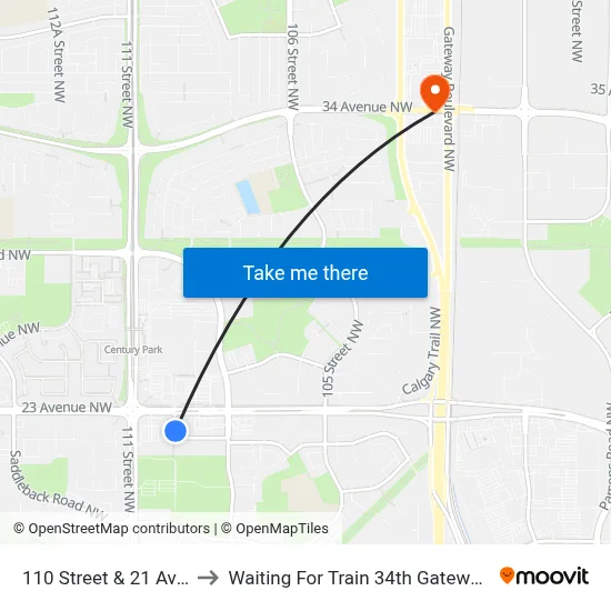 110 Street & 21 Avenue to Waiting For Train 34th Gateway Blvd. map
