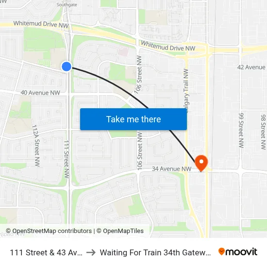 111 Street & 43 Avenue to Waiting For Train 34th Gateway Blvd. map
