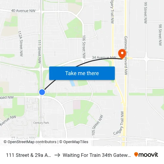 111 Street & 29a Avenue to Waiting For Train 34th Gateway Blvd. map