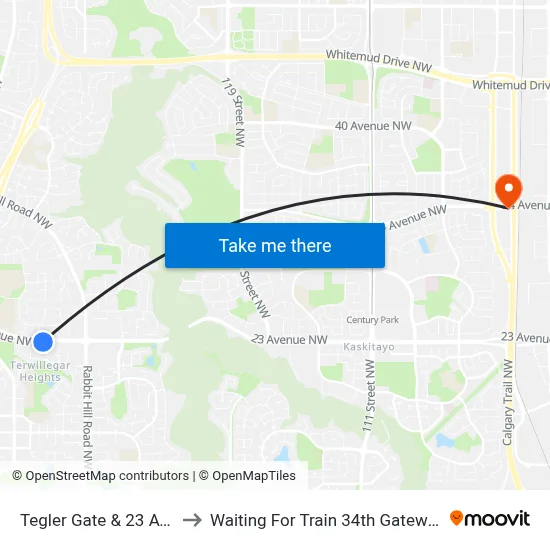 Tegler Gate & 23 Avenue to Waiting For Train 34th Gateway Blvd. map