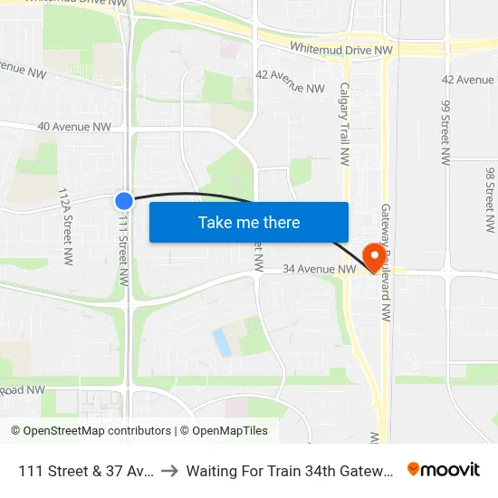 111 Street & 37 Avenue to Waiting For Train 34th Gateway Blvd. map