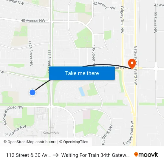 112 Street & 30 Avenue to Waiting For Train 34th Gateway Blvd. map