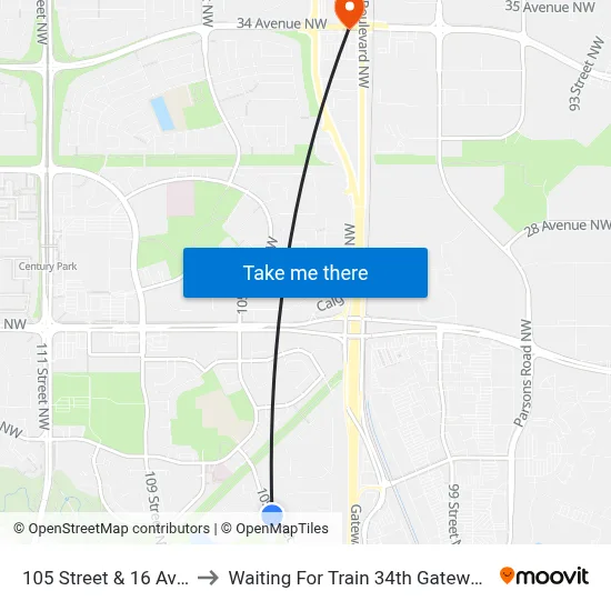 105 Street & 16 Avenue to Waiting For Train 34th Gateway Blvd. map