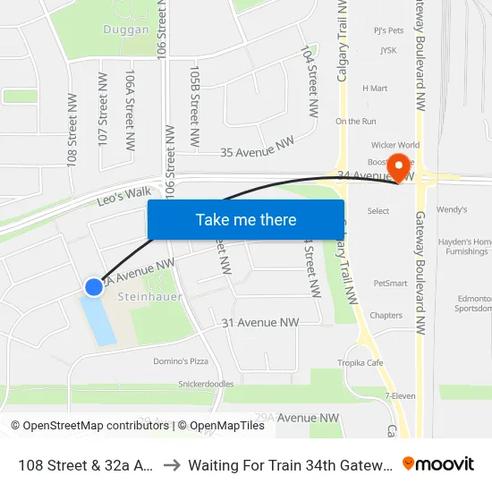 108 Street & 32a Avenue to Waiting For Train 34th Gateway Blvd. map
