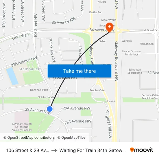 106 Street & 29 Avenue to Waiting For Train 34th Gateway Blvd. map