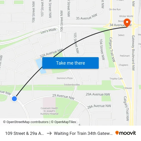 109 Street & 29a Avenue to Waiting For Train 34th Gateway Blvd. map