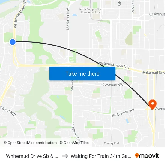 Whitemud Drive Sb & 53 Avenue to Waiting For Train 34th Gateway Blvd. map
