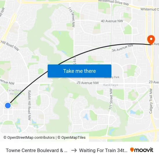Towne Centre Boulevard & Terwillegar Common to Waiting For Train 34th Gateway Blvd. map