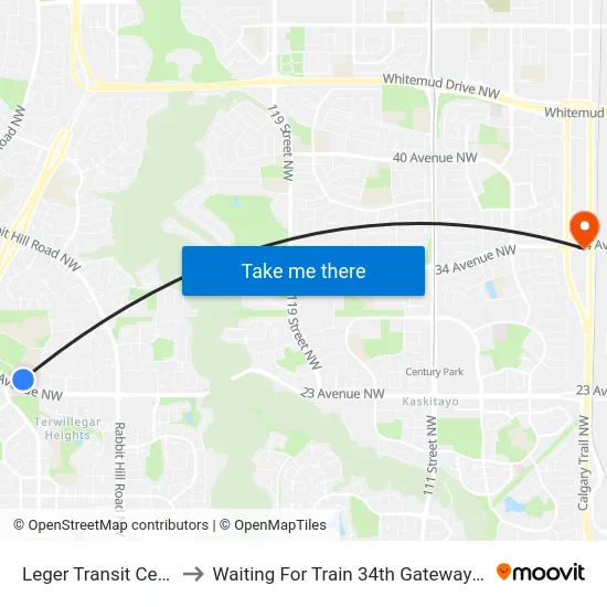 Leger Transit Centre to Waiting For Train 34th Gateway Blvd. map