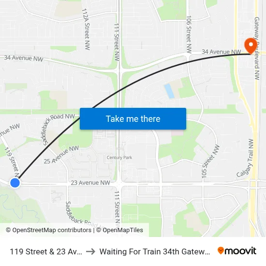119 Street & 23 Avenue to Waiting For Train 34th Gateway Blvd. map