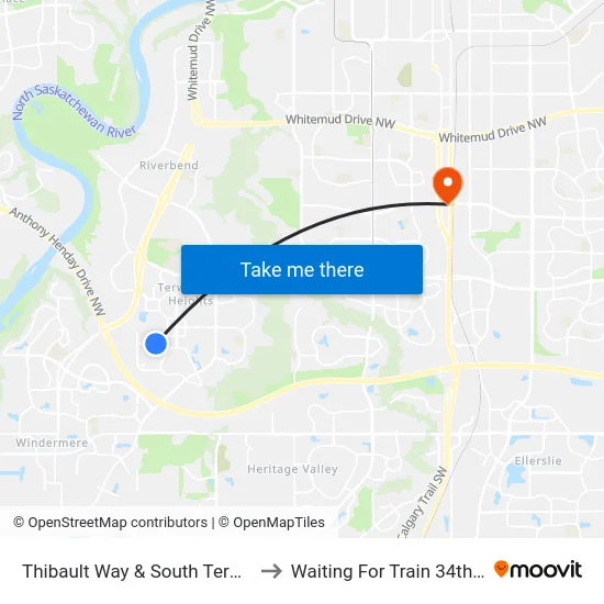 Thibault Way & South Terwillegar Boulevard to Waiting For Train 34th Gateway Blvd. map
