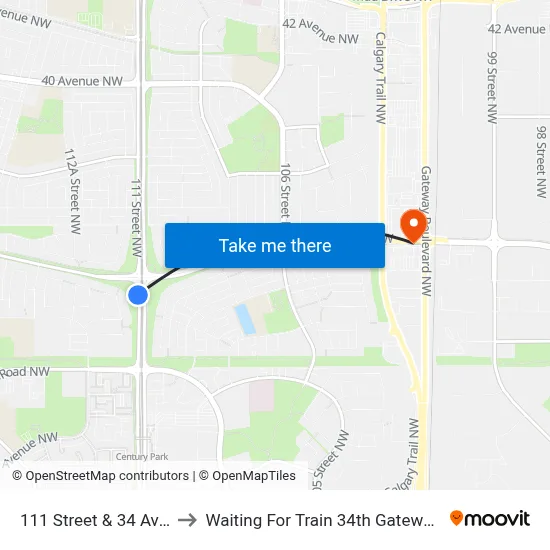 111 Street & 34 Avenue to Waiting For Train 34th Gateway Blvd. map