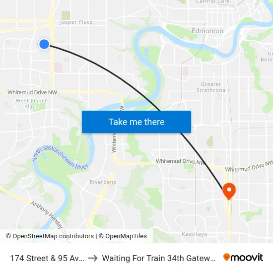 174 Street & 95 Avenue to Waiting For Train 34th Gateway Blvd. map