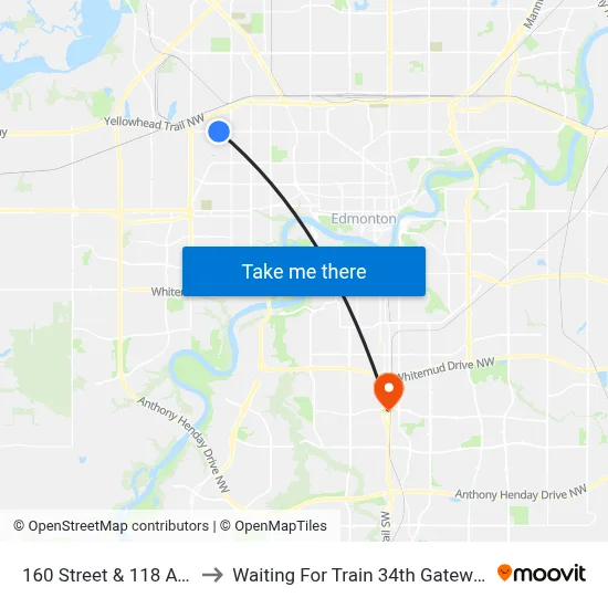 160 Street & 118 Avenue to Waiting For Train 34th Gateway Blvd. map