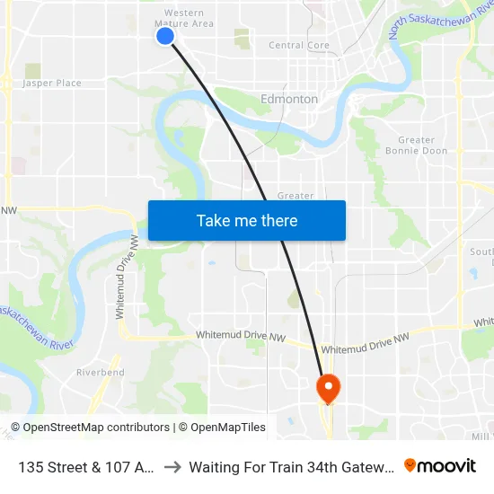 135 Street & 107 Avenue to Waiting For Train 34th Gateway Blvd. map
