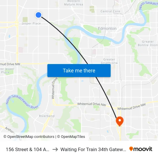 156 Street & 104 Avenue to Waiting For Train 34th Gateway Blvd. map