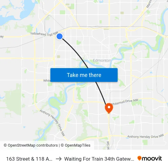 163 Street & 118 Avenue to Waiting For Train 34th Gateway Blvd. map